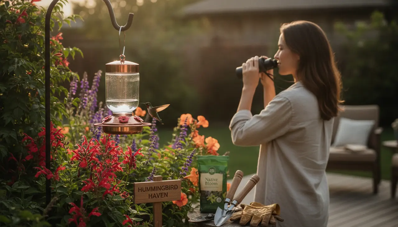 Hummingbird Heart visual guide for Backyard hummingbird attracting and habitat maintenance through high-quality gear and native planting.